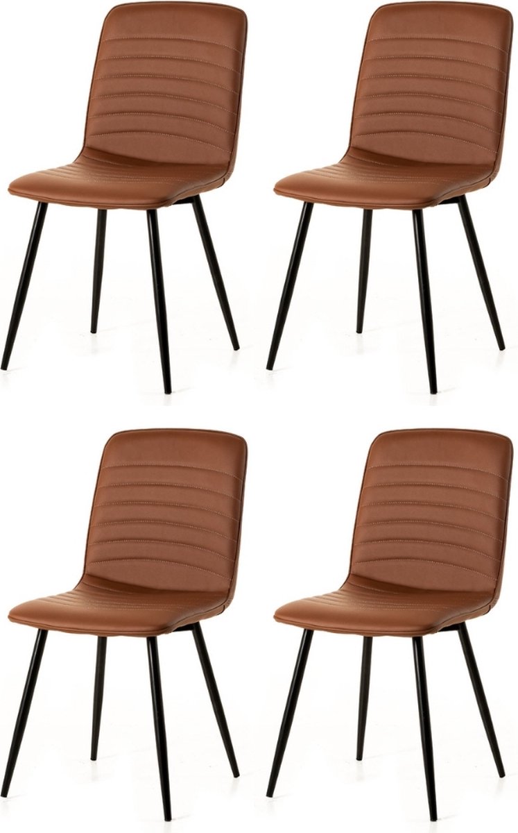 Ways. - Kunstleren Eetkamerstoelen - Cognac - Warm En Stijlvol Design - Houten Poten - 4 Stuks - Bruin