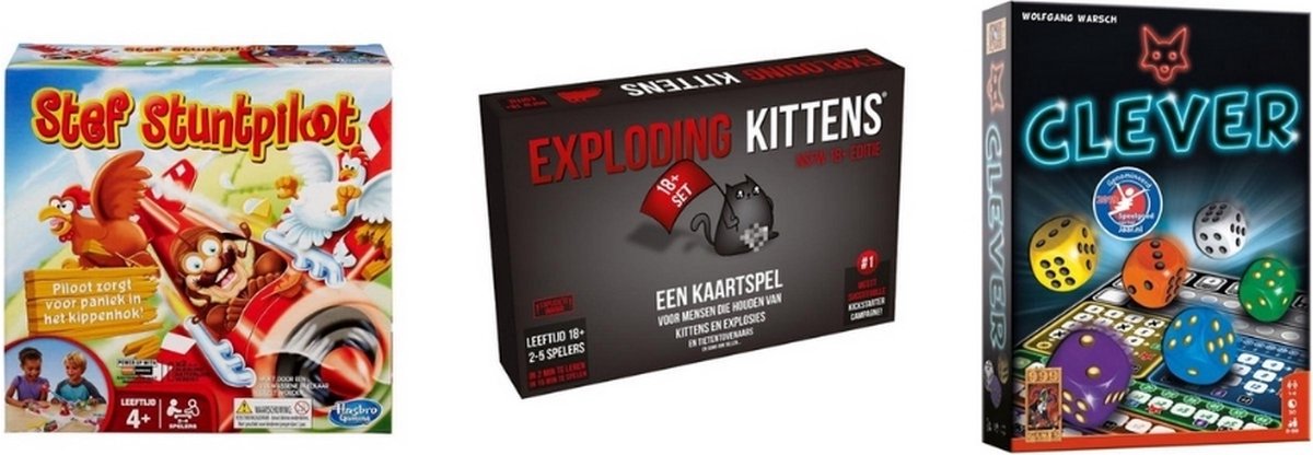 999Games Spellenbundel - 3 Stuks - Exploding Kittens Nsfw (18+) & Clever & Stef Stuntpiloot