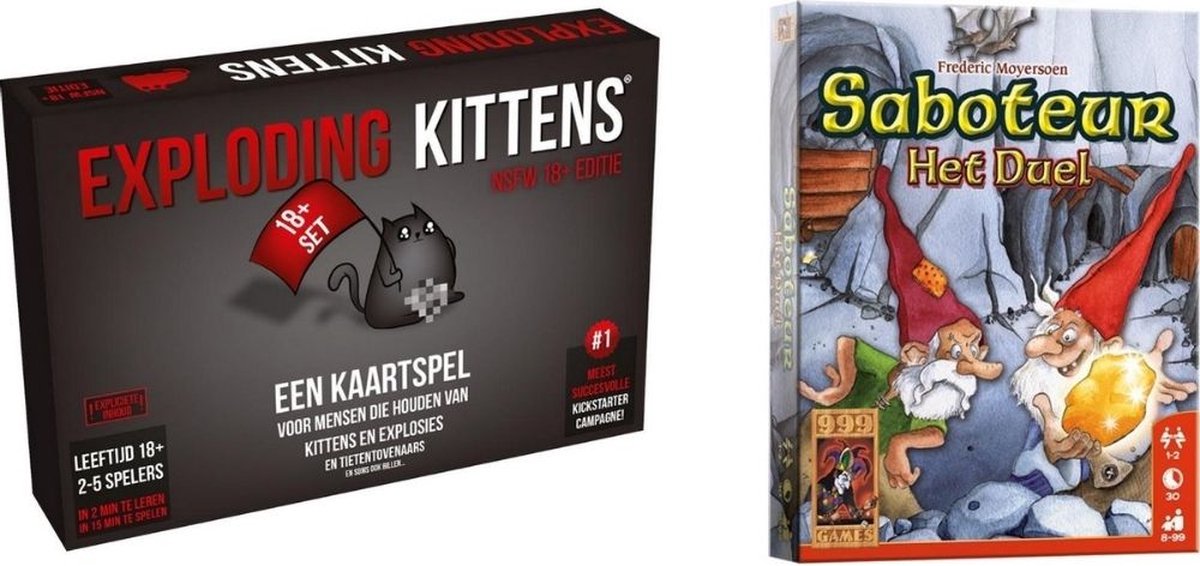 999Games Spellenbundel - Kaartspel - 2 Stuks - Exploding Kittens Nsfw (18+) & Saboteur: Het Duel