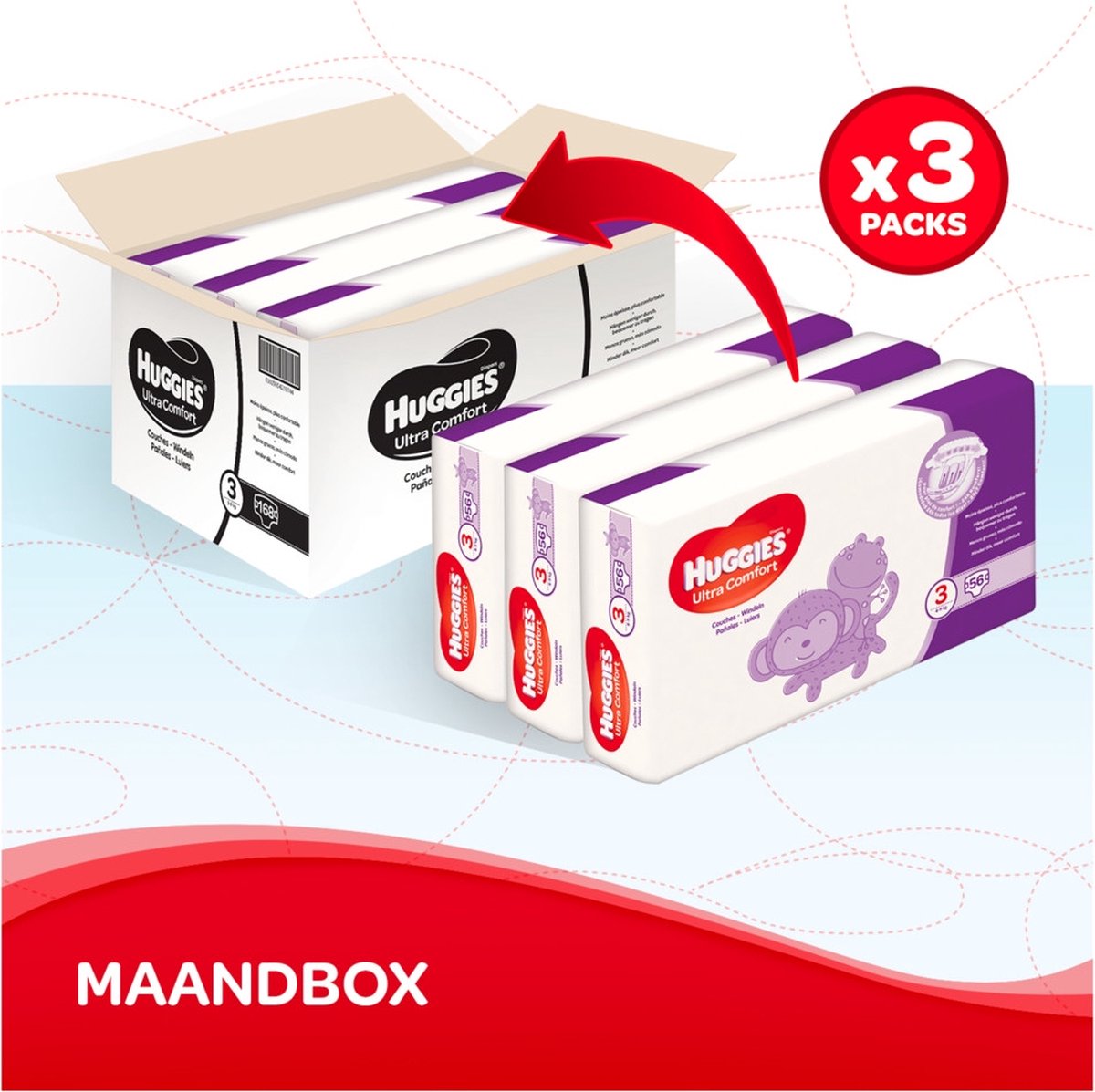 Huggies Ultra Comfort - Unisex Babyluiers X168 Maat 3-1 Maandverpakking