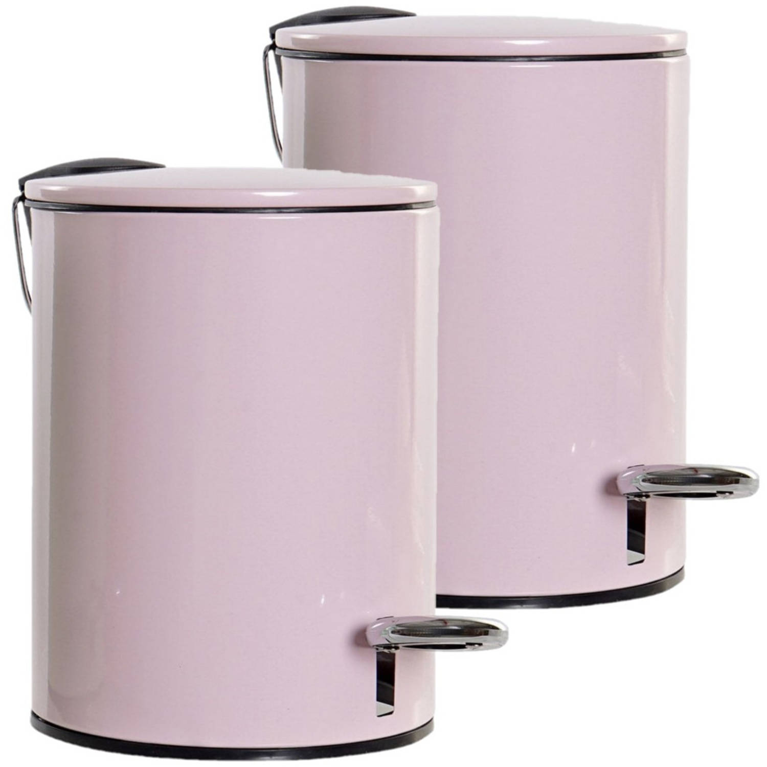 2x Stuks Metalen Vuilnisbakken/pedaalemmers 3 Liter 23 Cm - Afvalemmers - Kleine Prullenbakken - Roze