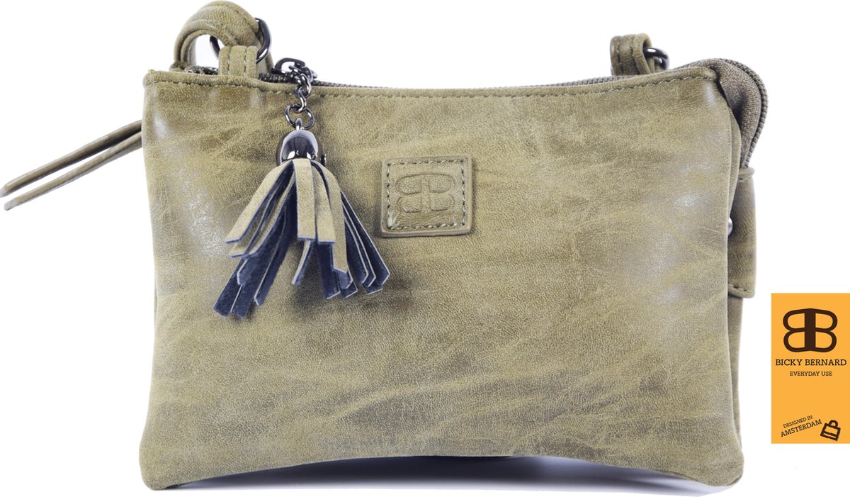 Tas - Tasssen - Bags - Bag- Bicky Bernard- Harmonica 3-vaks Tasje - Schoudertasje - Crossbody Tasje - Olive - Groen