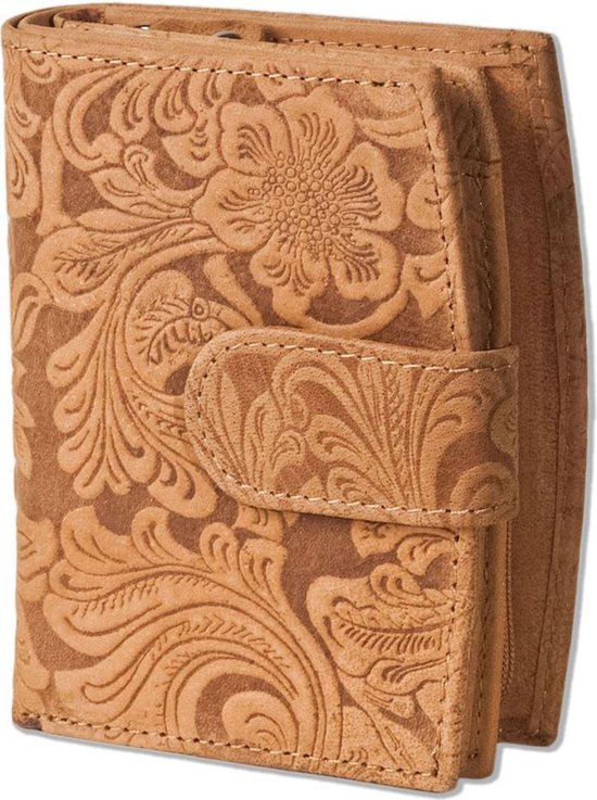 Woodland Leren Rits Portemonnee Dames Met Bloemenprint Cognac - Bruin