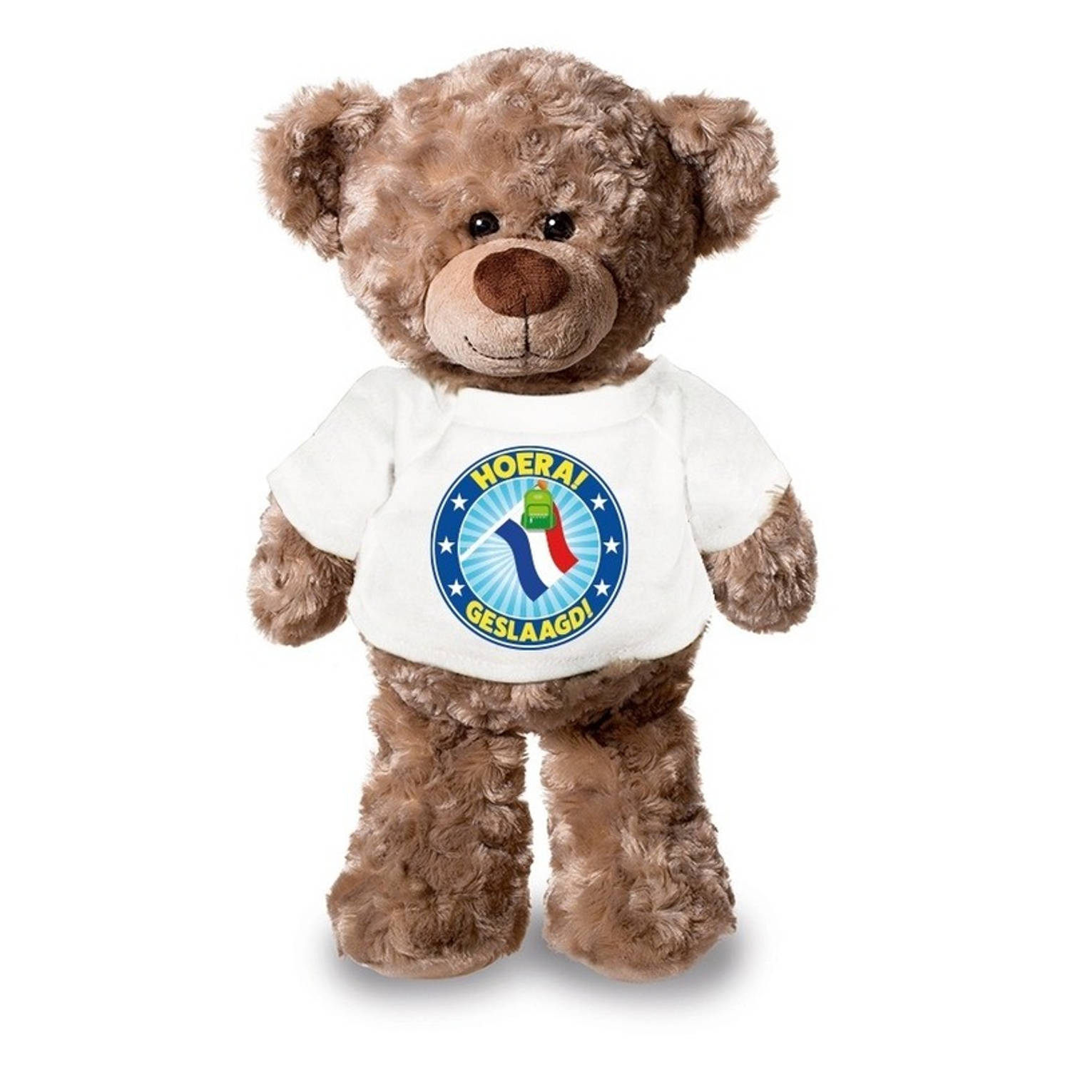 Knuffelbeer Hoera Geslaagd! Met Shirtje 24 Cm - Eindexamen/afstuderen Cadeau - Wit