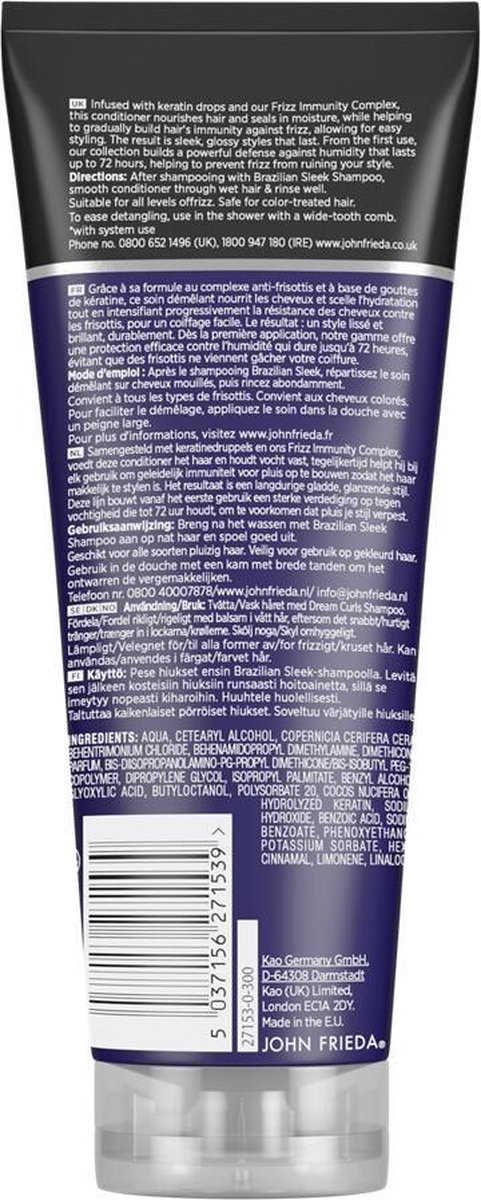 John Fr. Frizz Ease Conditioner Brazillian Sleek Immunity 250 ML