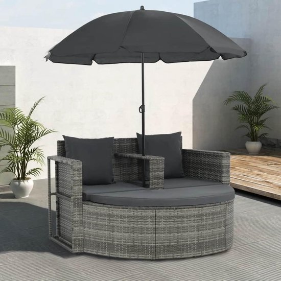 Vidaxl Tuinbank Tweezits Met Kussens En Parasol Poly Rattan - Grijs