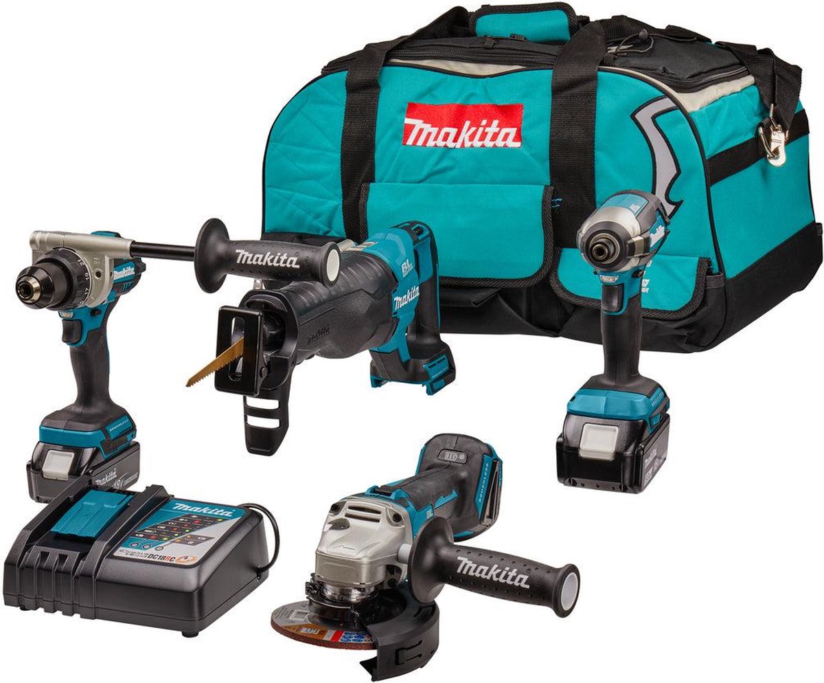 Makita DLX4157TX1 | Combiset | 18 V | allround tot zwaar boor-, (slag)schroef-, slijp- en reciprozaagwerk | Set | 5,0 Ah | in Tas