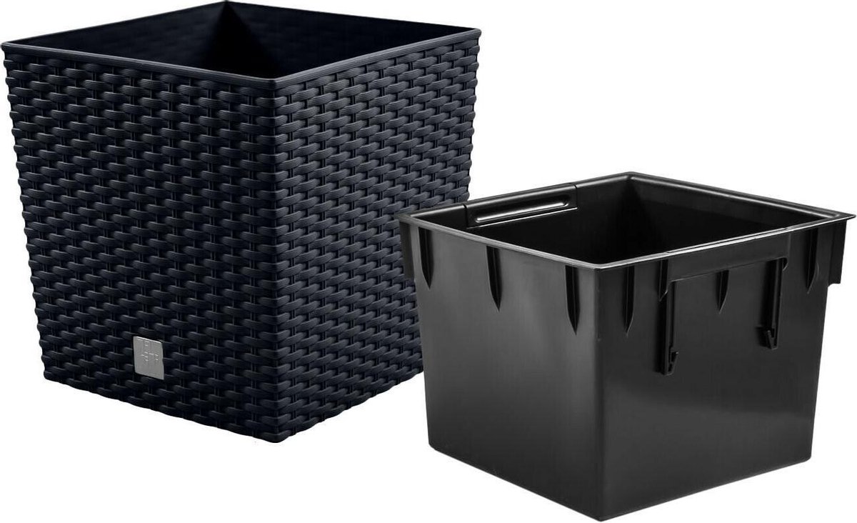 Kunststof Rato Rotan Bloempot/plantenpot Met Binnenpot Antraciet 22 Cm - Plantenbakken - Grijs