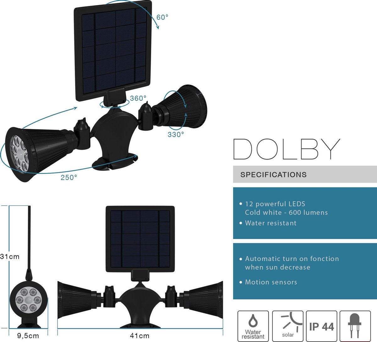 Lumisky Dubbele Solar Spotlight Led Buitenverlichting Dolby - Zwart