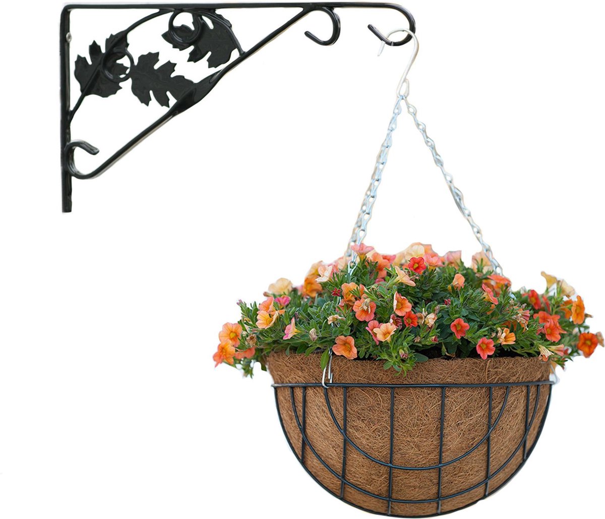 Bellatio Decorations Hanging Basket Met Muurhaak Sierblad En Kokos Inlegvel - Metaal - Complete Hanging Basket Set - Plantenbakken - Groen