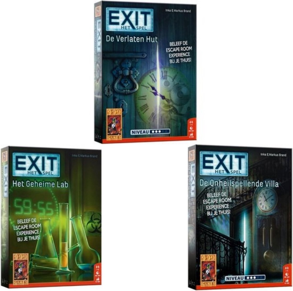 999Games Spellenbundel - 3 Stuks - Exit - De Verlaten Hut & Het Geheime Lab & De Onheilspellende Villa