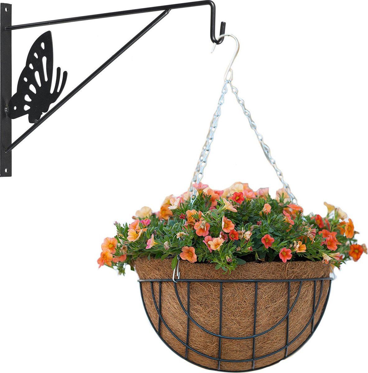 Bellatio Decorations Hanging Basket Met Muurhaak Vlinder Antraciet En Kokos Inlegvel - Metaal - Complete Hangmand Set - Plantenbakken