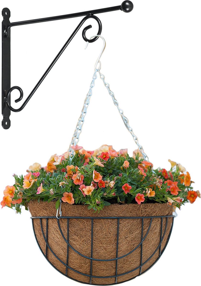 Bellatio Decorations Hanging Basket Met Muurhaak Sierkrul En Kokos Inlegvel - Metaal - Complete Hanging Basket Set - Plantenbakken - Groen