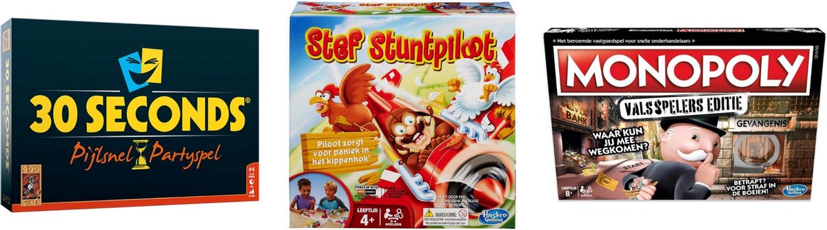Hasbro Spellenbundel - Bordspellen - 3 Stuks - 30 Seconds & Monopoly Valsspelerseditie & Stef Stuntpiloot