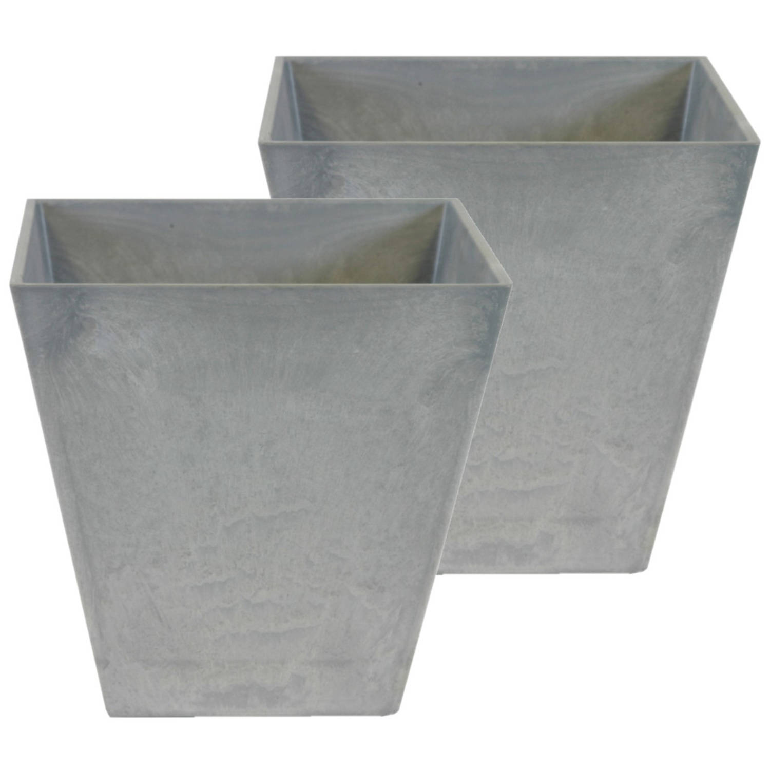 Set Van 2x Stuks Bloempot/plantenpot Vierkant Van Gerecycled Kunststof Steen D15 En H15 Cm - Plantenbakken - Grijs