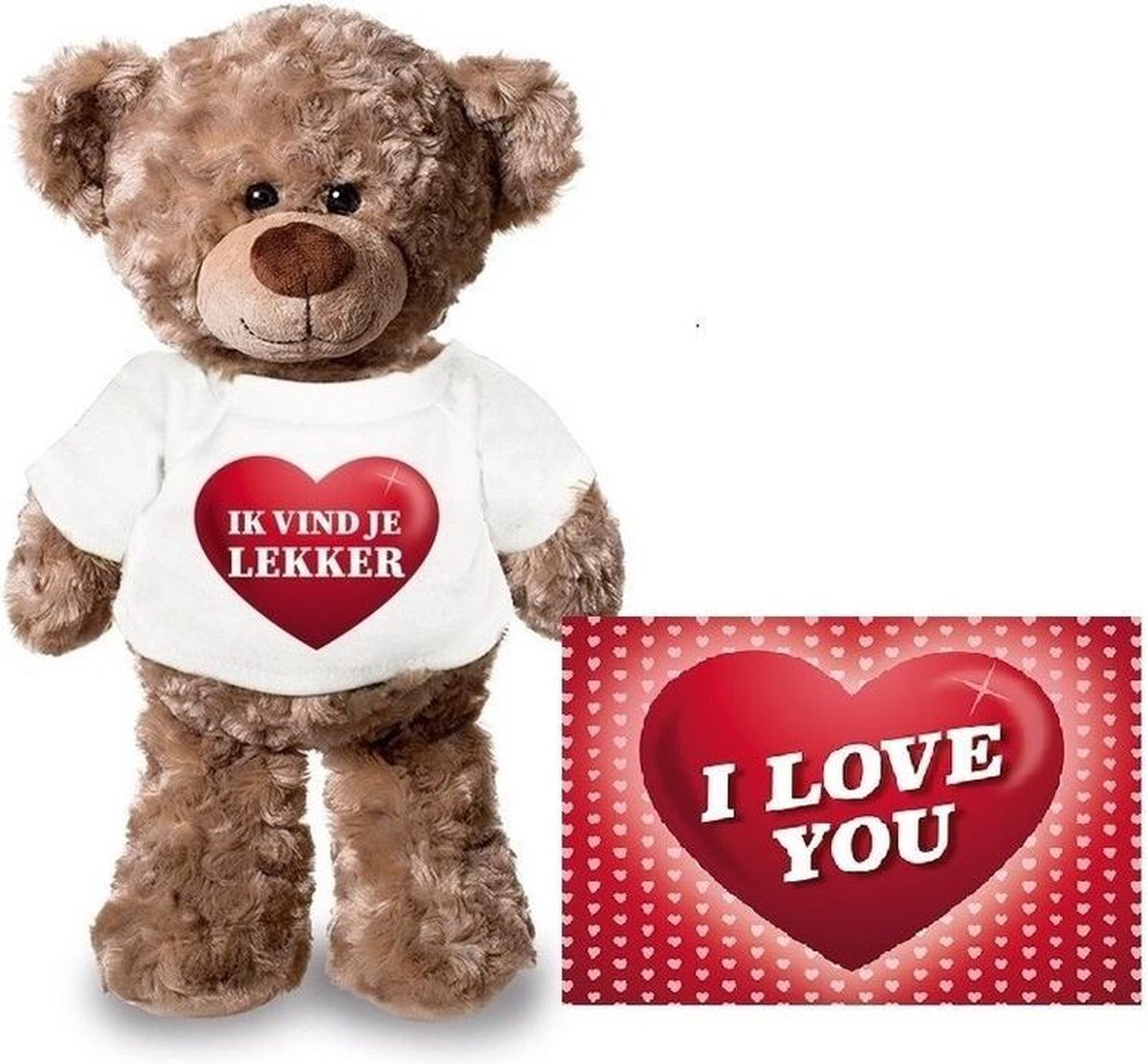 Knuffel Teddybeer Ik Vind Je Lekker Hartje 24 Cm Met Valentijnskaart A5 - Valentijn/ Romantisch Cadeau - Bruin