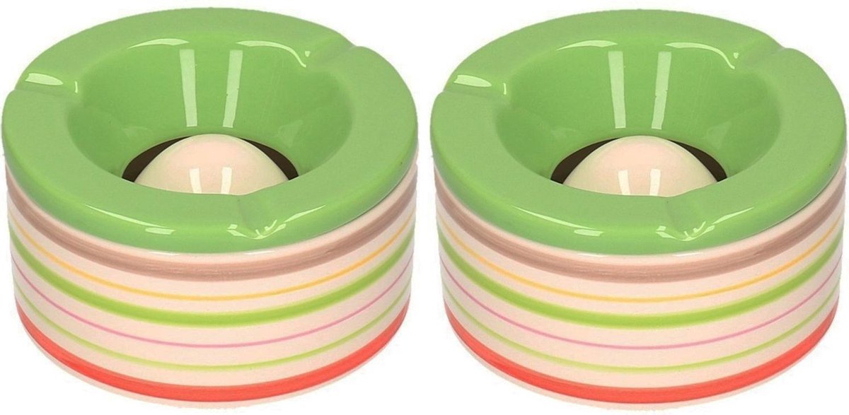 Bellatio Decorations Terras Asbak/stormasbak Rond Keramiek 14 X 7,5 Cm Met Streep - Asbakken - Groen