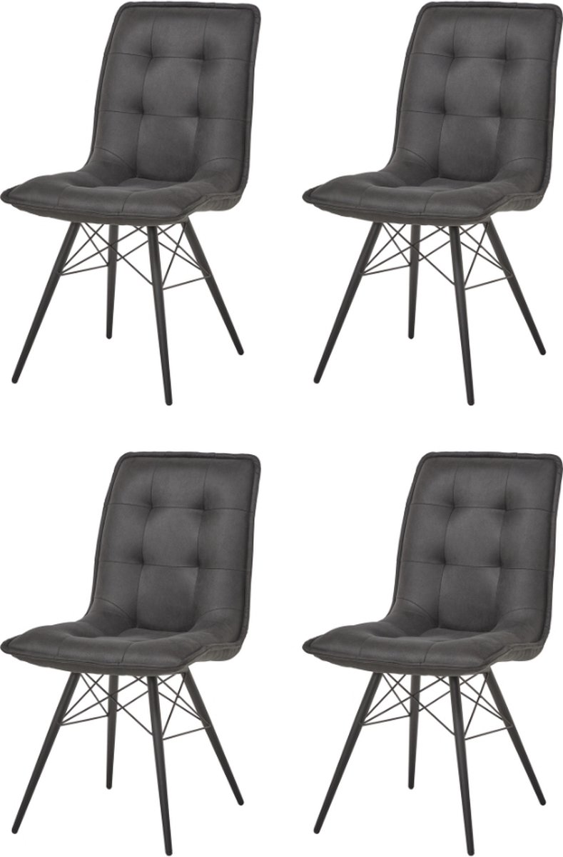 Ways. - Moderne Eetkamerstoelen - Antraciet - Gestikt Vakkenpatroon - Stevige Metalen Vierpoot - 4 Stuks - Grijs