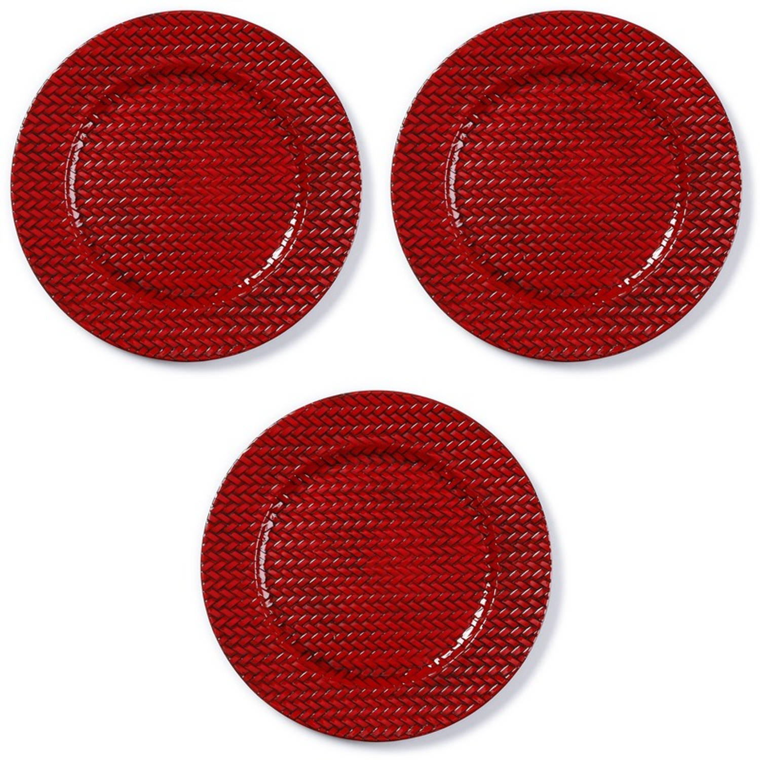 3x Ronde Rode Gevlochten Onderzet Borden/kaarsonderzetters 33 Cm - Kaarsenplateaus - Rood