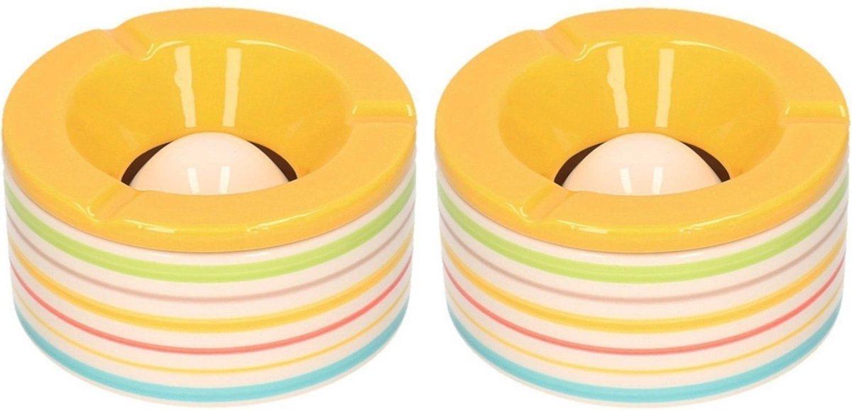 Bellatio Decorations Terras Asbak/stormasbak Rond Keramiek 14 X 7,5 Cm Met Streep - Asbakken - Geel