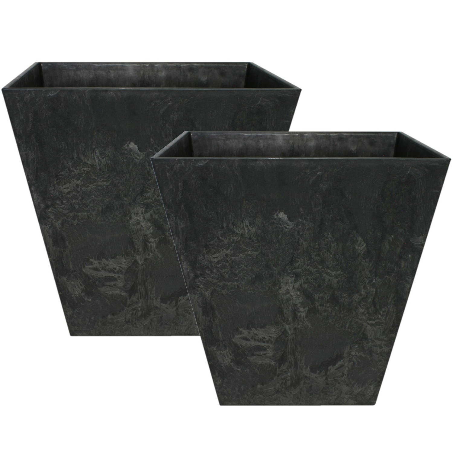 Set Van 2x Stuks Bloempot/plantenpot Vierkant Van Gerecycled Kunststof D15 En H15 Cm - Plantenbakken - Zwart