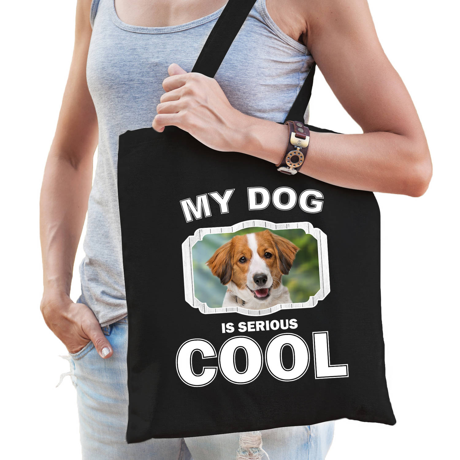 Bellatio Decorations Katoenen Tasje My Dog Is Serious Cool - Kooiker Honden Cadeau Tas - Feest Boodschappentassen - Zwart