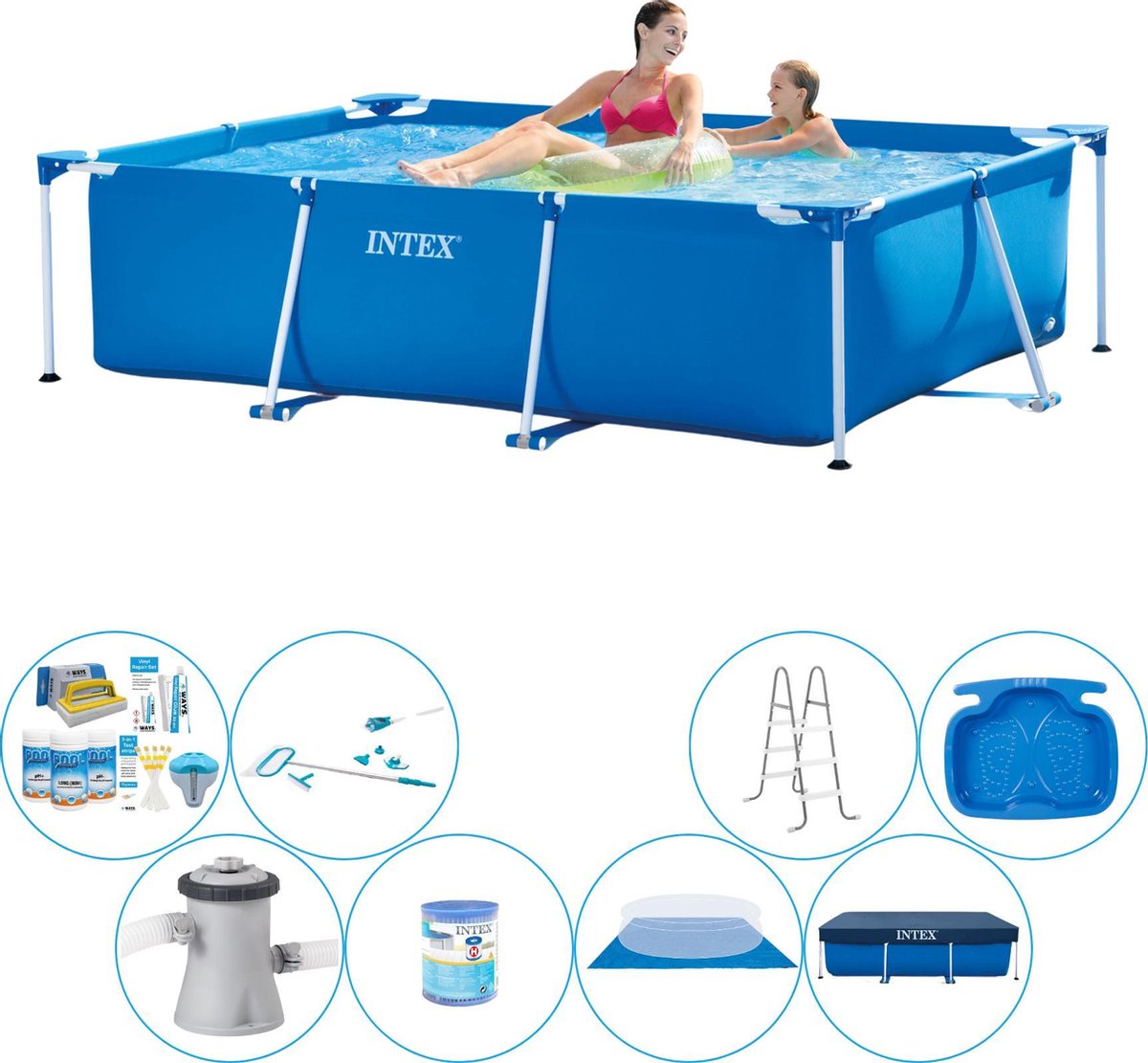 Intex Frame Pool Rechthoekig 220x150x60 Cm - Alles In 1 Zwembad Pakket - Blauw