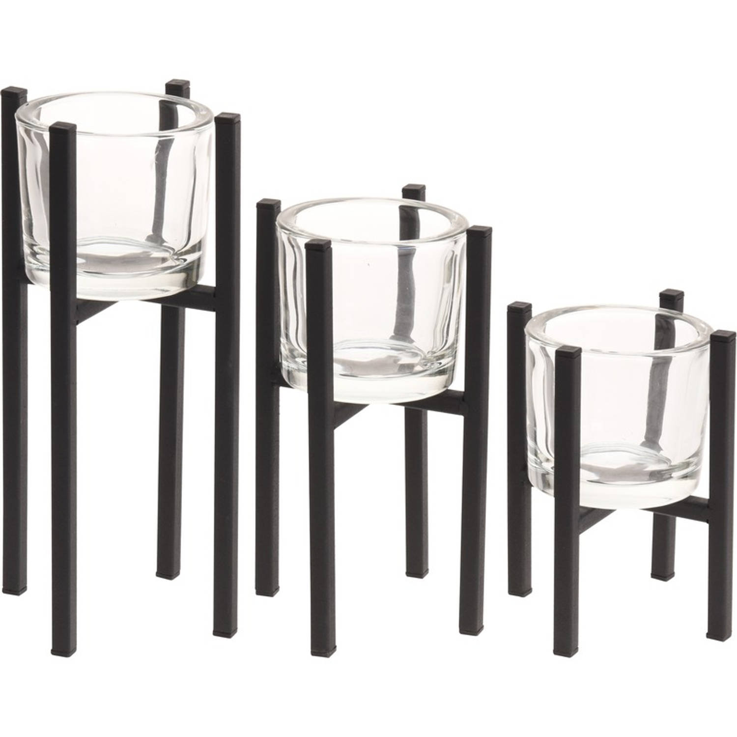 Set Van 3 Metalen Theelichthouders/waxinelichthouders Van Glas - Kaarsenhouders - Woonaccessoires/woondecoratie