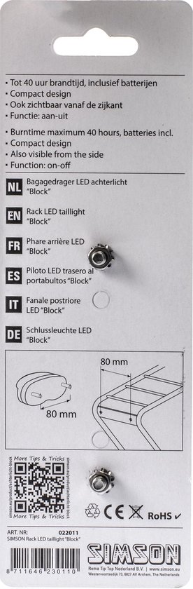 Simson Achterlicht Block Led Batterij Bagagedrager - Rood