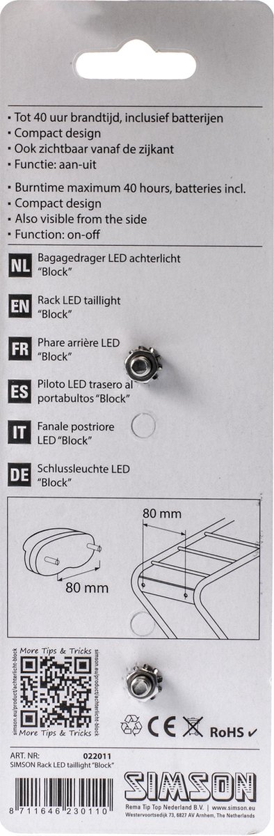 Simson Achterlicht Block Led Batterij Bagagedrager - Rood