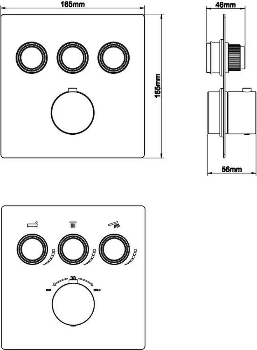 Wiesbaden Caral Klik Pro afbouwdeel inbouwthermostaat 3 weg gunmetal 29.3433