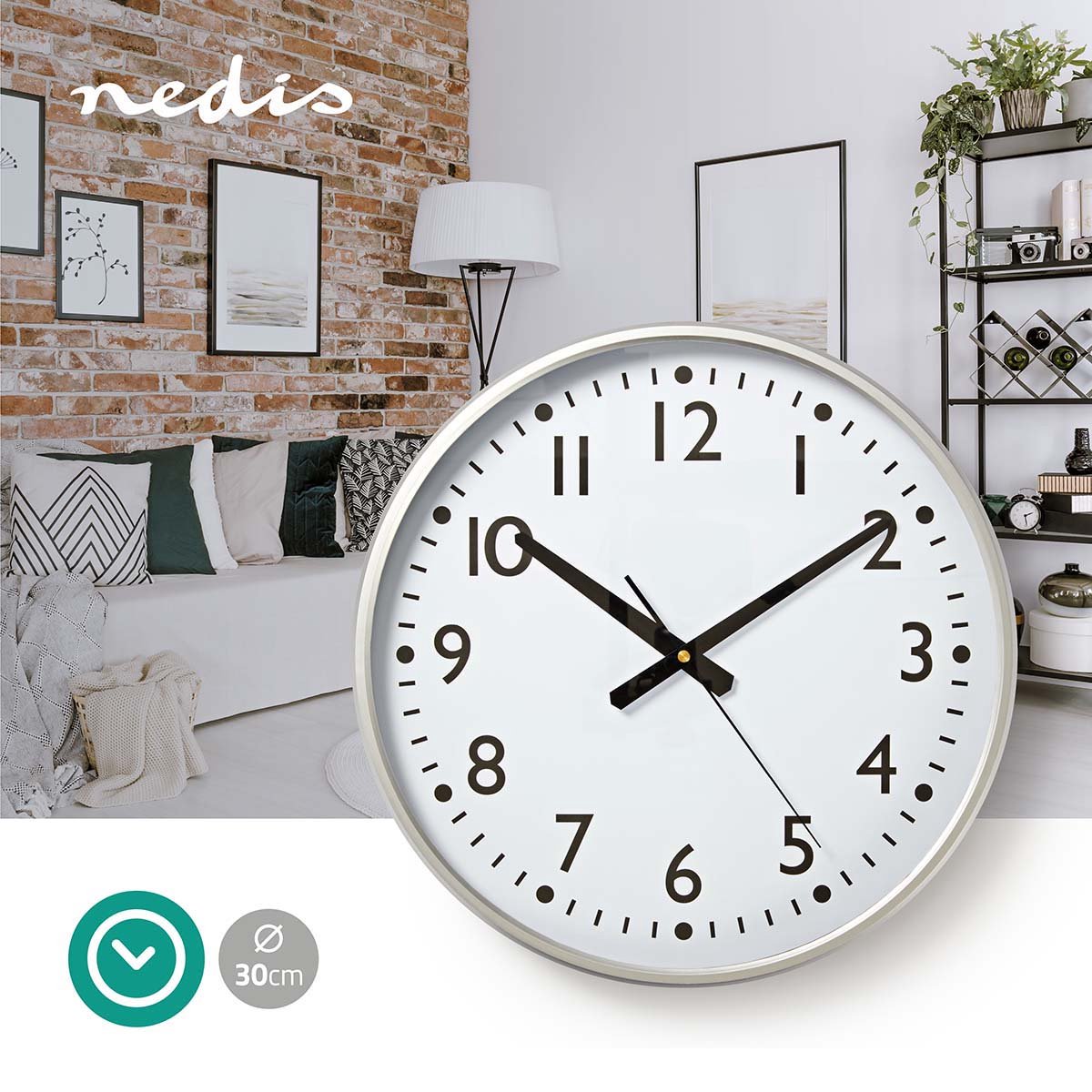 Nedis Ronde Moderne Wandklok 38cm Met Grote Cijfers Zilver - Wit