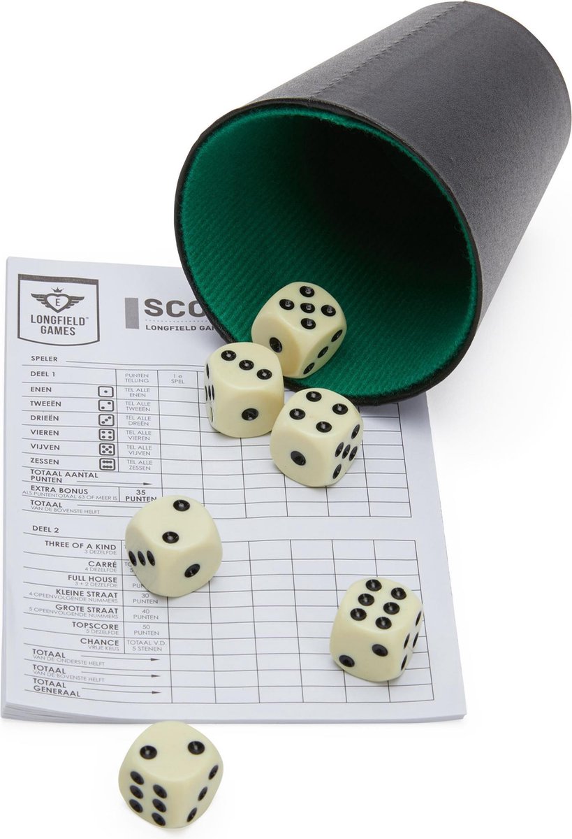 Longfield Games Dobbelbeker Met Dobbelstenen En Scoreblokje - Zwart