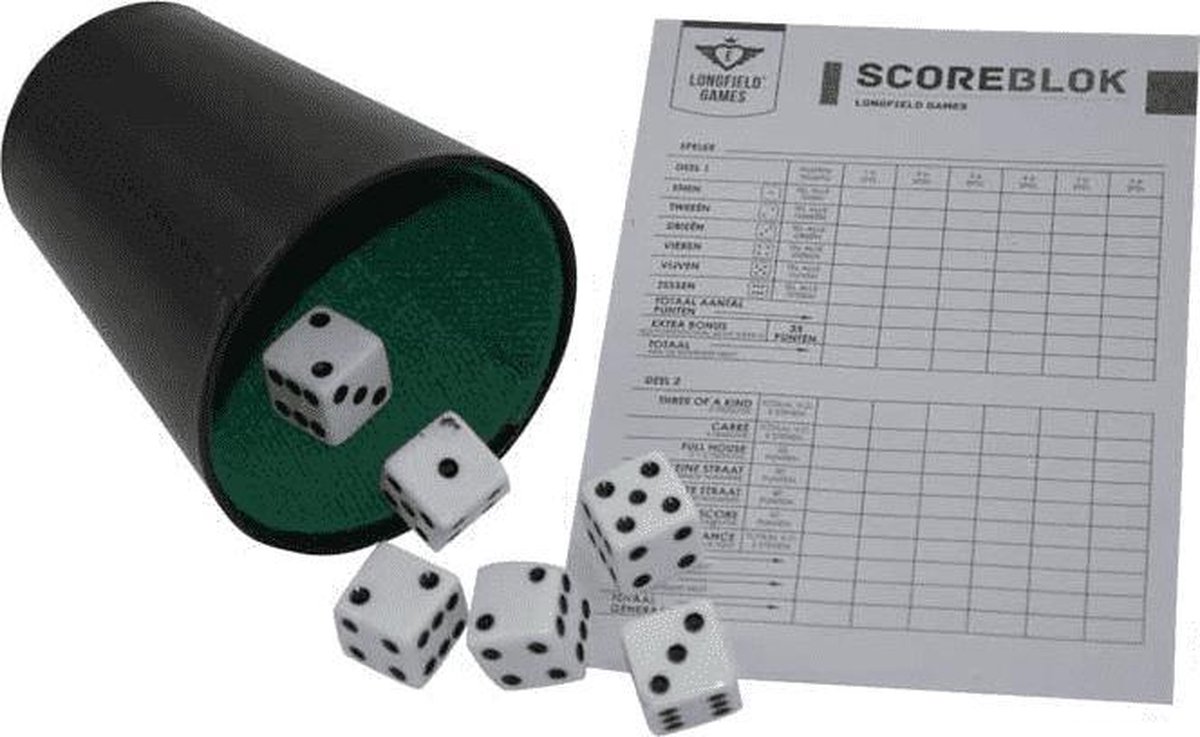Longfield Games Dobbelbeker Met Dobbelstenen En Scoreblokje - Zwart