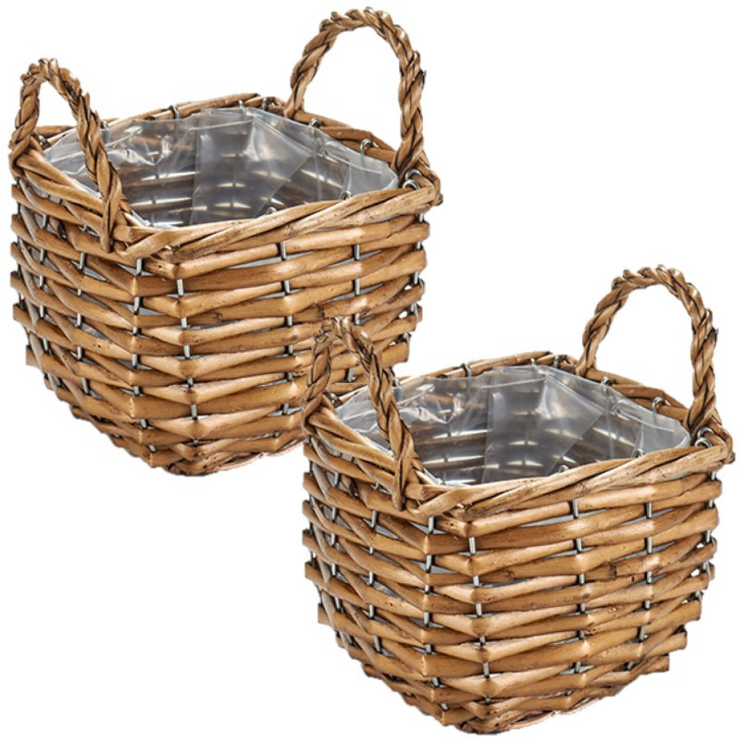 Set Van 2x Stuks Bloempotten/plantenbakken Riet/rotan Mand Met Handvaten Vierkant 15 X 15 X 14 Cm - Plantenbakken - Bruin