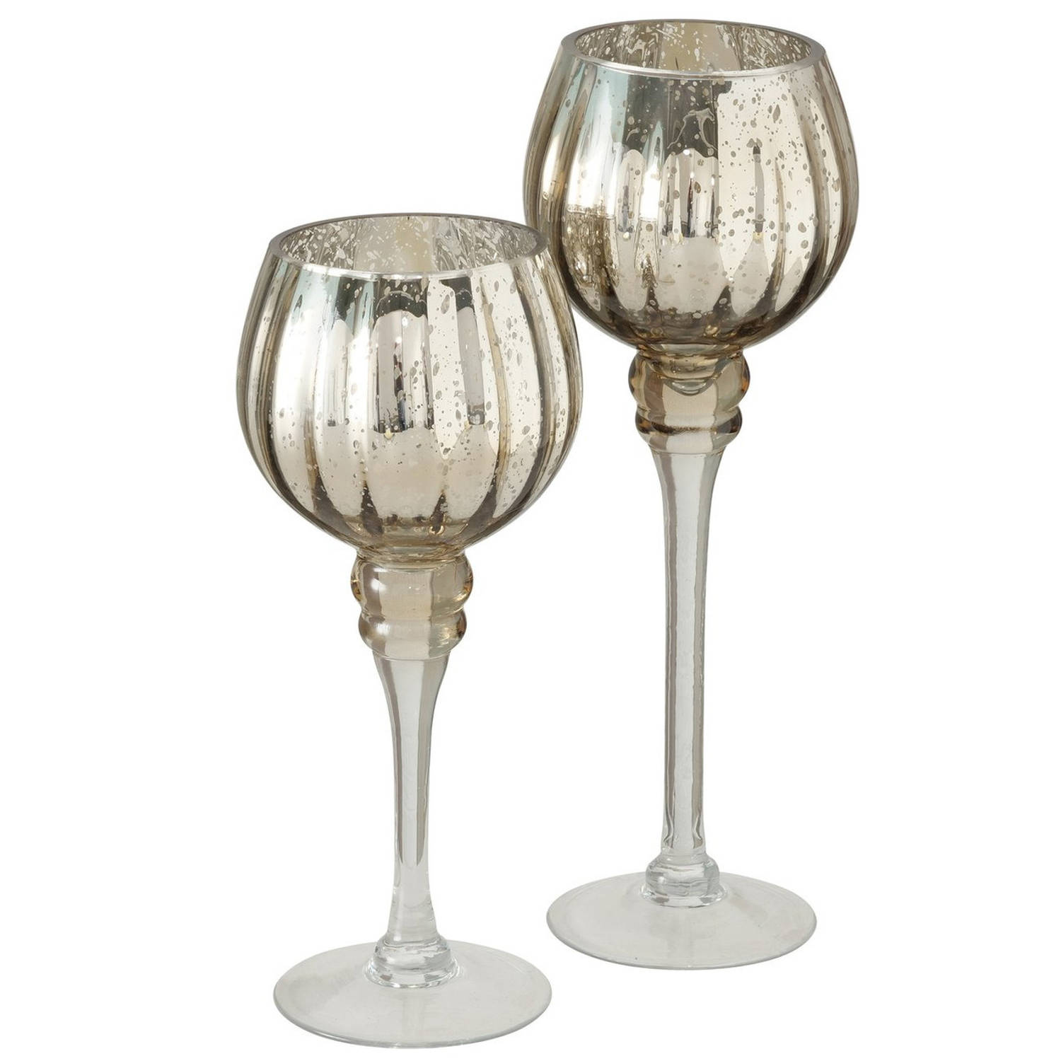 Luxe Glazen Design Kaarsenhouders/windlichten Set Van 2x Stuks Metallic Champagne 25-30 Cm - Kaars Kandelaars - Goud