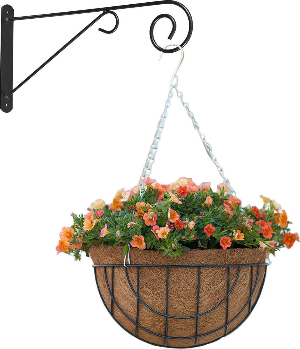 Bellatio Decorations Hanging Basket Met Muurhaak Sierkrul En Kokos Inlegvel - Metaal - Complete Hanging Basket Set - Plantenbakken - Grijs