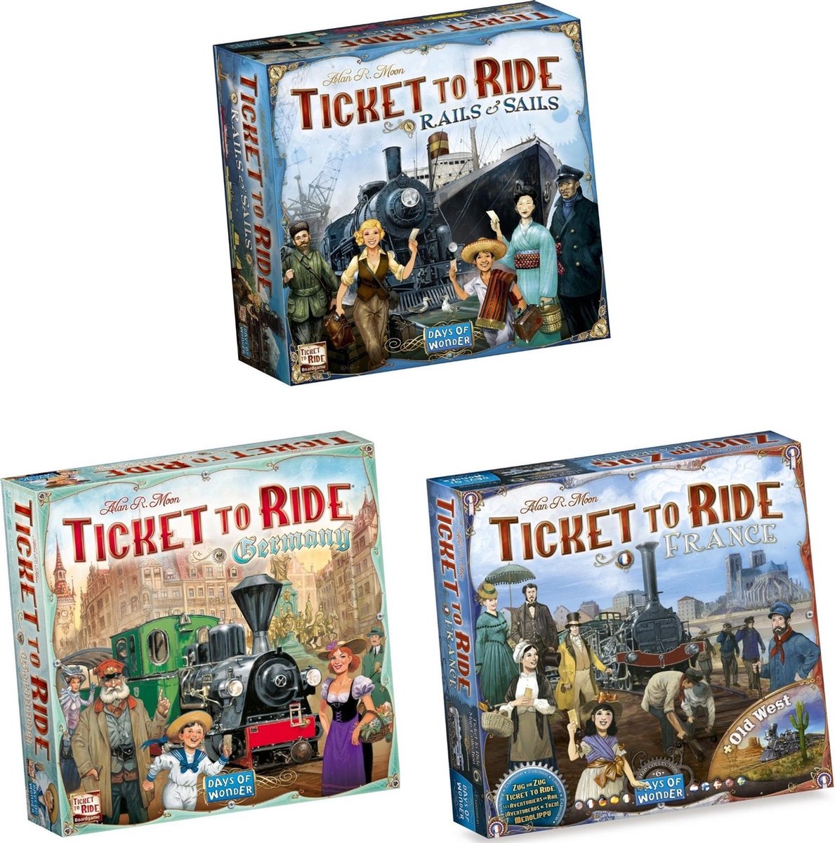 Days of Wonder Ticket To Ride - 3 Stuks - Rails And Sails & Uitbreidingen Duitsland & Frankrijk + Old West