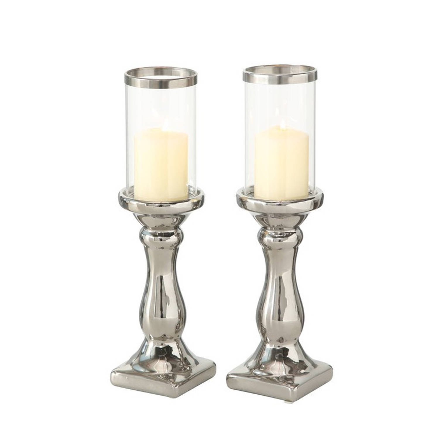 Set Van 2x Stuks Zilveren Keramiek Kaarsenhouder/windlicht Voor Stompkaarsen 36 X 9 Cm Met Glazen Top - Silver