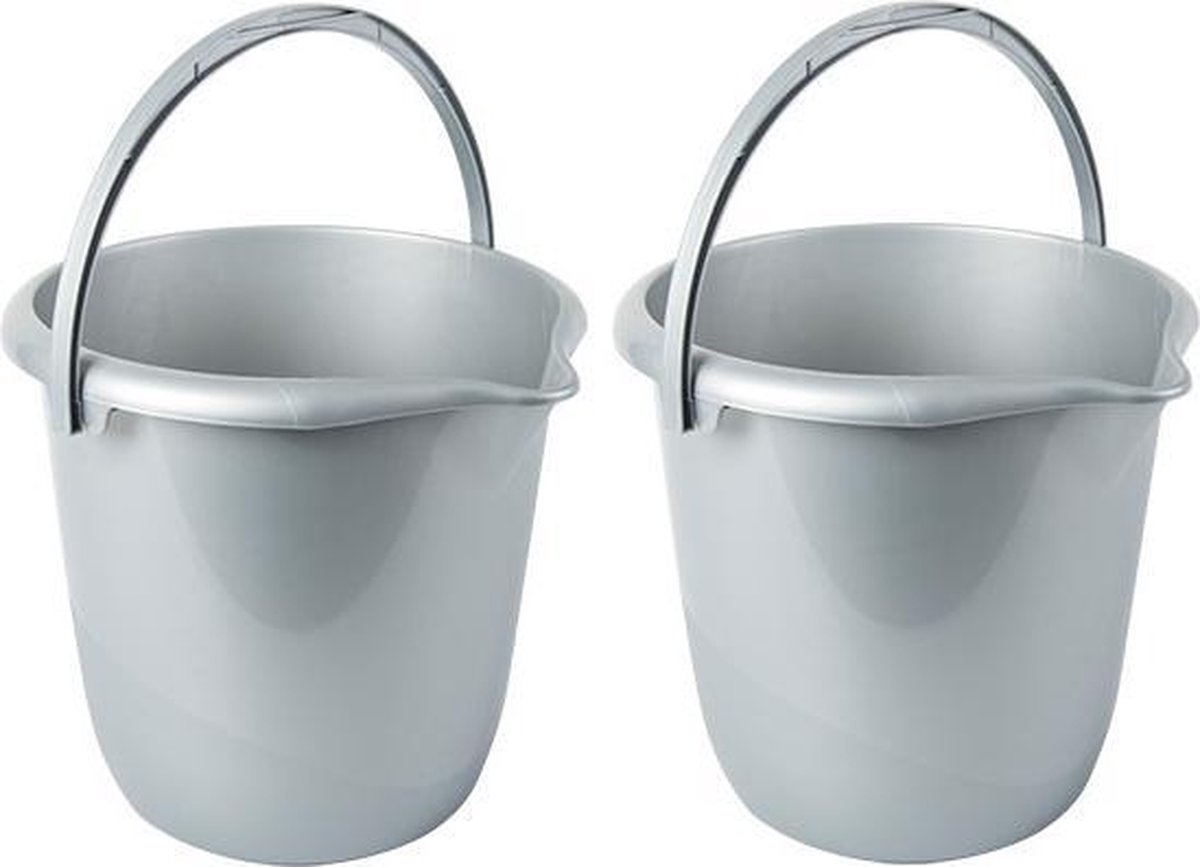 Hega Hogar Set Van 2x Stuks Zilvergrijze Schoonmaakemmers/huishoudemmers 10 Liter Van Dia 28 Cm - Emmers - Silver