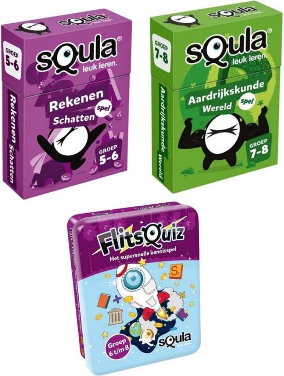 Spellenbundel - Squla - 3 Stuks - Flitsquiz Groep 6 T/m 8 En Rekenen & Aardijkskunde (Groep 5 T/m 8)