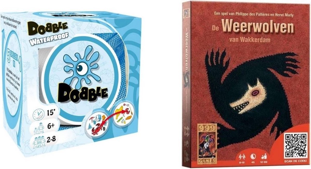 999Games Spellenbundel - Kaartspel - 2 Stuks - Dobble Beach Waterproof & De Weerwolven Van Wakkerdam