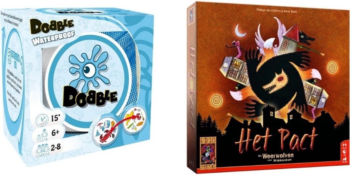 999Games Spellenbundel - Kaartspel - 2 Stuks - Dobble Beach Waterproof & De Weerwolven Van Wakkerdam: Het Pact