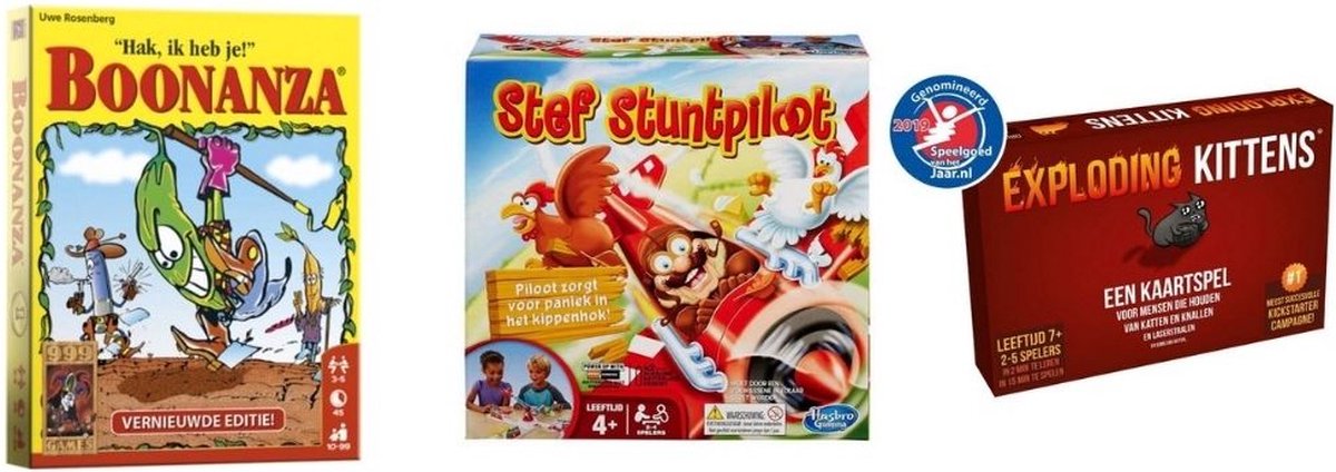 999Games Spellenbundel - Kaartspellen - 3 Stuks - Boonanza & Exploding Kittens & Stef Stuntpiloot