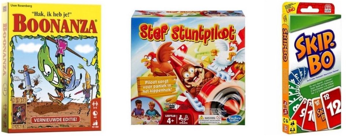 999Games Spellenbundel - Kaartspellen - 3 Stuks - Boonanza & Skip-bo & Stef Stuntpiloot