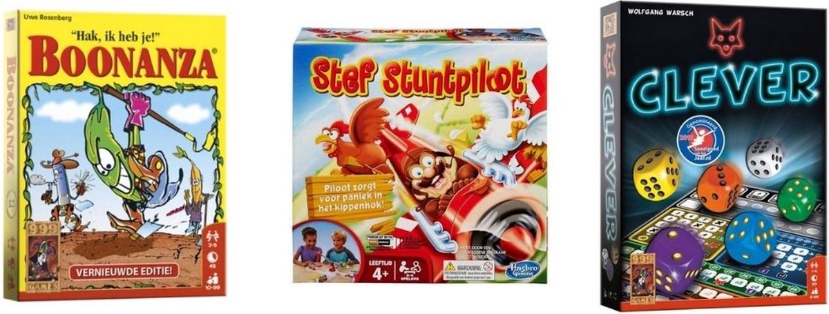 999Games Spellenbundel - Kaartspellen - 3 Stuks - Boonanza & Clever & Stef Stuntpiloot