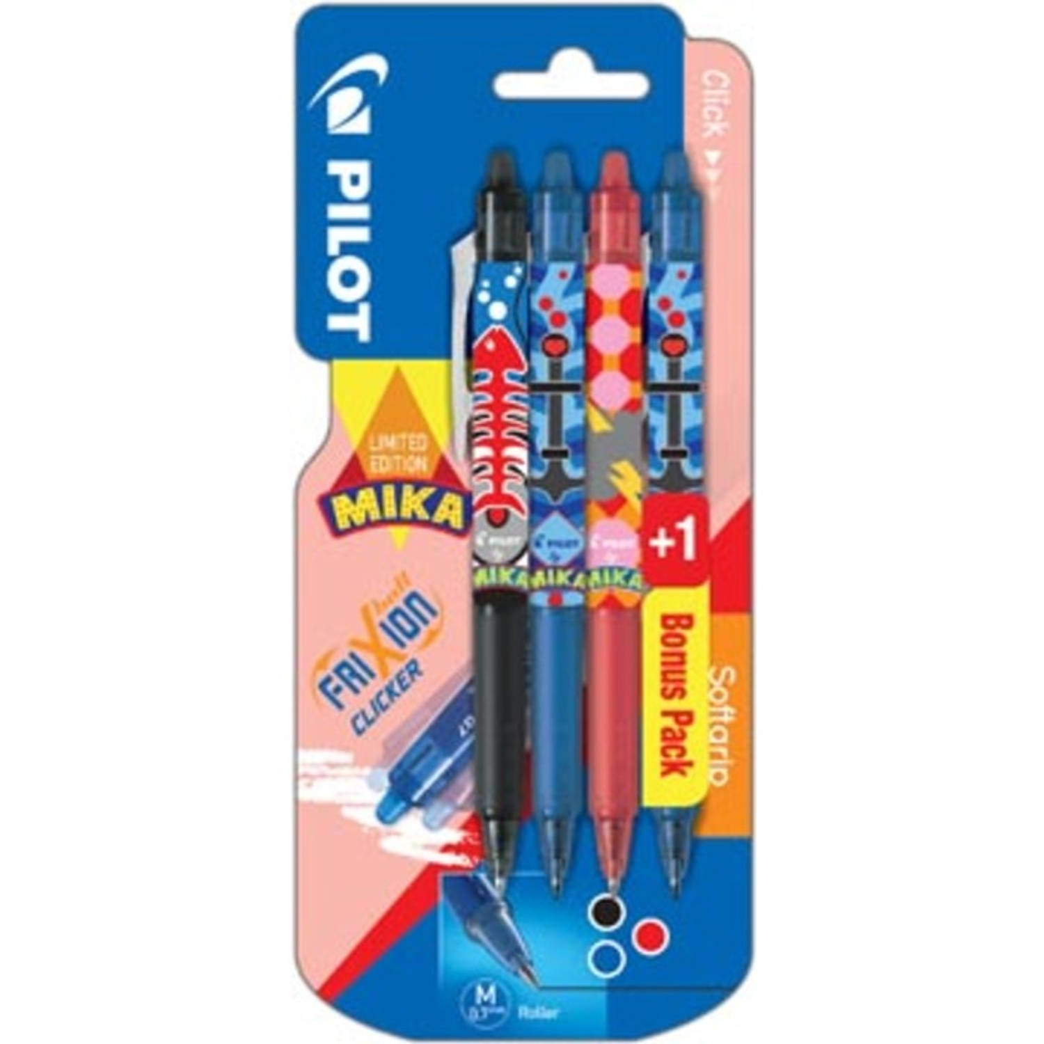 Pilot Roller Frixion Clicker Mika, Blister Van 3+1 Stuks In Geassorteerde Kleuren, Gratis - Blauw