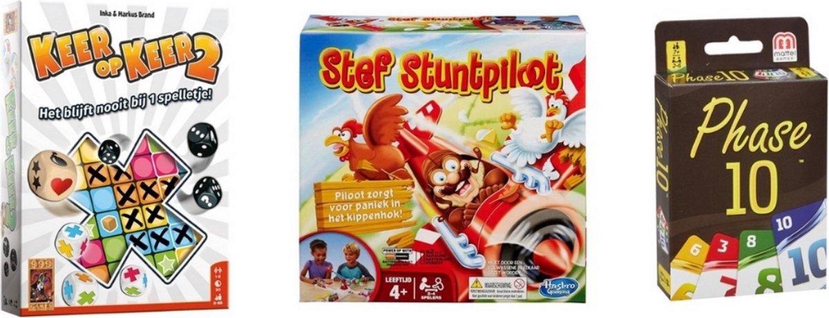 999Games Spellenbundel - 3 Stuks - Keer Op Keer 2 & Phase 10 & Stef Stuntpiloot