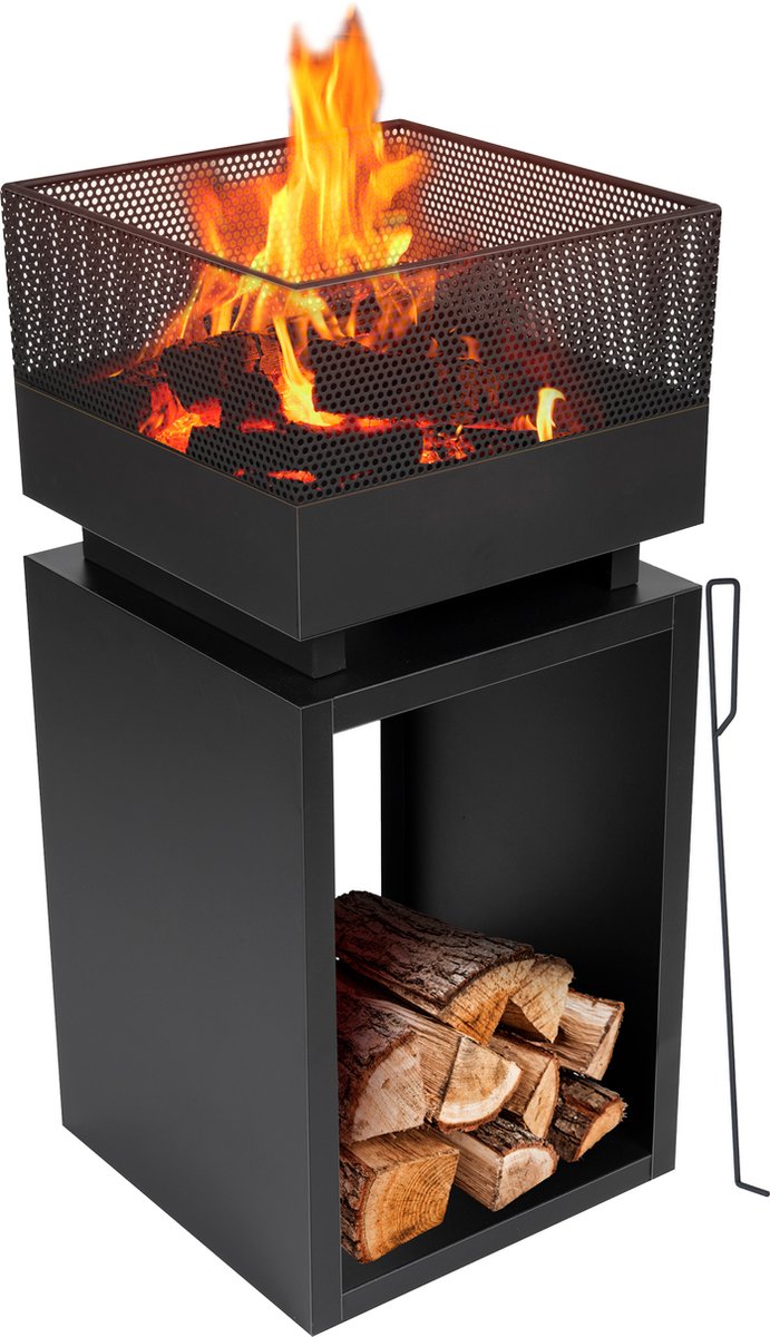 BBQ Collection Vuurkorf - Metaal - Vierkant: 39 X 39 Cm - 85 Cm Hoog - Met Pook En Vonkenscherm - - Zwart