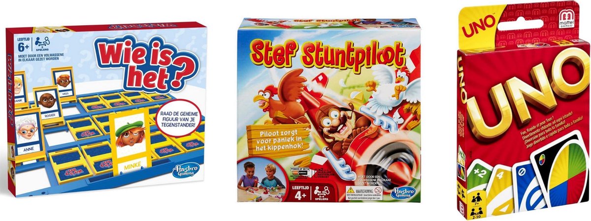 Hasbro Spellenbundel - Bordspel - 3 Stuks - Wie Is Het? & Uno & Stef Stuntpiloot